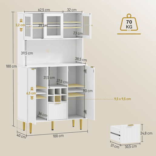 HOMCOM Armário de Cozinha Móvel Auxiliar de Cozinha Armário Alto com 3 Portas de Vidro Suporte para Garrafas Gaveta Prateleiras Ajustáveis e Compartimentos Abertos 100x40x180 cm Branco