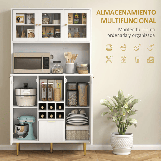 HOMCOM Armário de Cozinha Móvel Auxiliar de Cozinha Armário Alto com 3 Portas de Vidro Suporte para Garrafas Gaveta Prateleiras Ajustáveis e Compartimentos Abertos 100x40x180 cm Branco