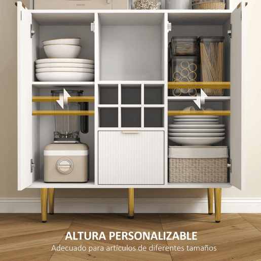 HOMCOM Armário de Cozinha Móvel Auxiliar de Cozinha Armário Alto com 3 Portas de Vidro Suporte para Garrafas Gaveta Prateleiras Ajustáveis e Compartimentos Abertos 100x40x180 cm Branco