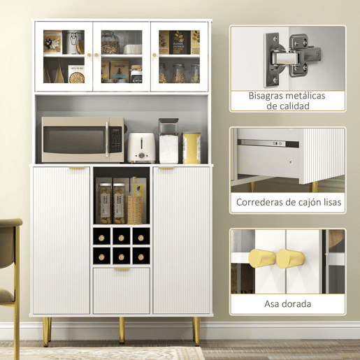 HOMCOM Armário de Cozinha Móvel Auxiliar de Cozinha Armário Alto com 3 Portas de Vidro Suporte para Garrafas Gaveta Prateleiras Ajustáveis e Compartimentos Abertos 100x40x180 cm Branco