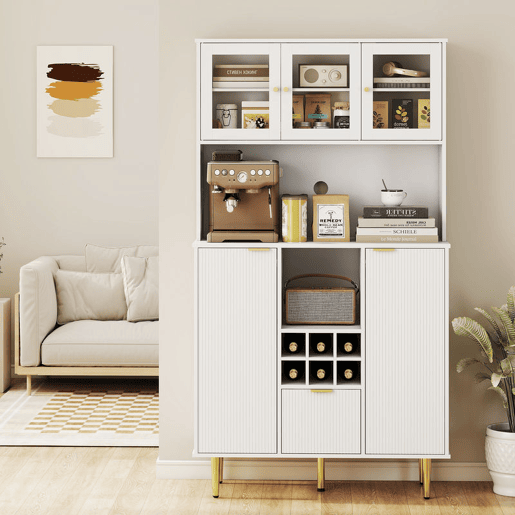 HOMCOM Armário de Cozinha Móvel Auxiliar de Cozinha Armário Alto com 3 Portas de Vidro Suporte para Garrafas Gaveta Prateleiras Ajustáveis e Compartimentos Abertos 100x40x180 cm Branco