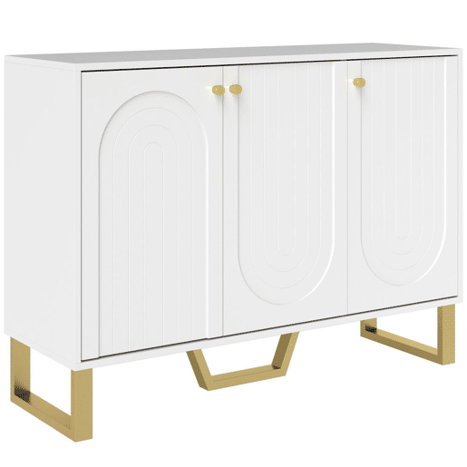 HOMCOM Aparador de 3 Portas Aparador Moderno para Sala de Estar com Prateleiras Ajustáveis e Pés Dourados para Sala de Jantar Entrada Móvel para TV até 50 Polegadas 106,5x35x77,5 cm Branco