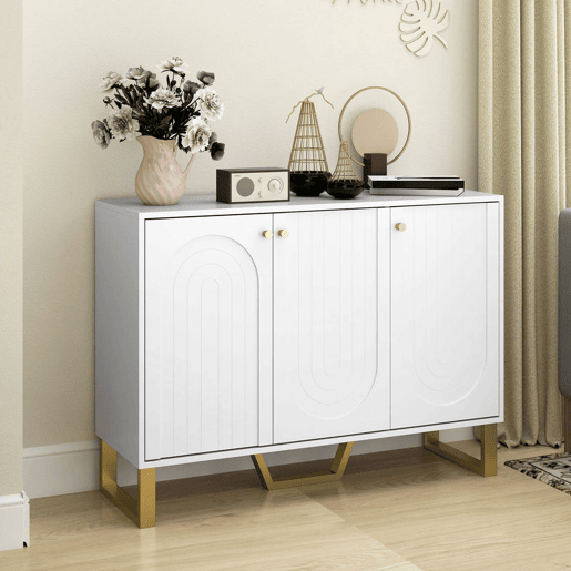 HOMCOM Aparador de 3 Portas Aparador Moderno para Sala de Estar com Prateleiras Ajustáveis e Pés Dourados para Sala de Jantar Entrada Móvel para TV até 50 Polegadas 106,5x35x77,5 cm Branco