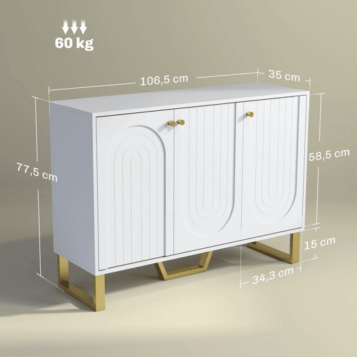 HOMCOM Aparador de 3 Portas Aparador Moderno para Sala de Estar com Prateleiras Ajustáveis e Pés Dourados para Sala de Jantar Entrada Móvel para TV até 50 Polegadas 106,5x35x77,5 cm Branco