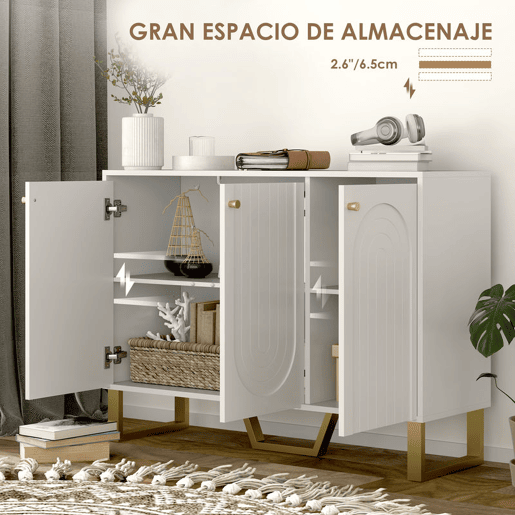 HOMCOM Aparador de 3 Portas Aparador Moderno para Sala de Estar com Prateleiras Ajustáveis e Pés Dourados para Sala de Jantar Entrada Móvel para TV até 50 Polegadas 106,5x35x77,5 cm Branco