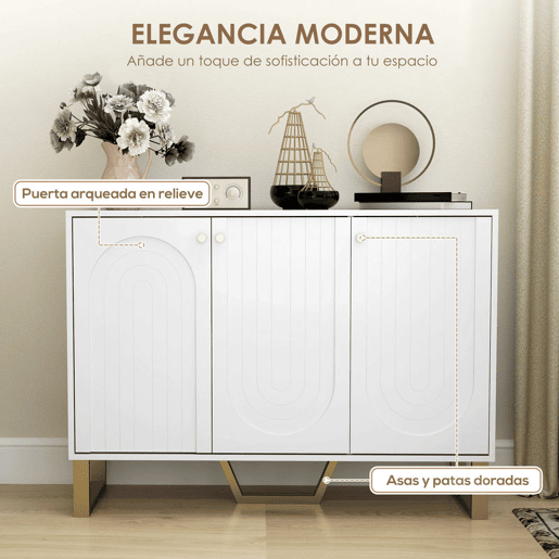 HOMCOM Aparador de 3 Portas Aparador Moderno para Sala de Estar com Prateleiras Ajustáveis e Pés Dourados para Sala de Jantar Entrada Móvel para TV até 50 Polegadas 106,5x35x77,5 cm Branco