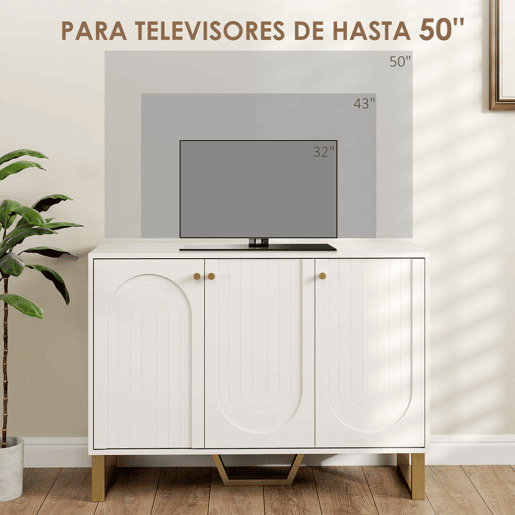 HOMCOM Aparador de 3 Portas Aparador Moderno para Sala de Estar com Prateleiras Ajustáveis e Pés Dourados para Sala de Jantar Entrada Móvel para TV até 50 Polegadas 106,5x35x77,5 cm Branco
