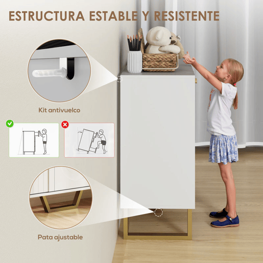 HOMCOM Aparador de 3 Portas Aparador Moderno para Sala de Estar com Prateleiras Ajustáveis e Pés Dourados para Sala de Jantar Entrada Móvel para TV até 50 Polegadas 106,5x35x77,5 cm Branco