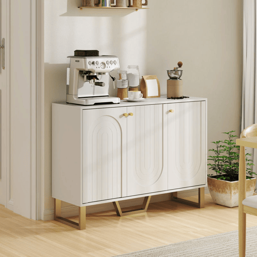HOMCOM Aparador de 3 Portas Aparador Moderno para Sala de Estar com Prateleiras Ajustáveis e Pés Dourados para Sala de Jantar Entrada Móvel para TV até 50 Polegadas 106,5x35x77,5 cm Branco