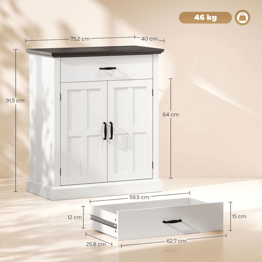 HOMCOM Aparador de 2 Portas Aparador para Sala de Estar Estilo Rústico com 1 Gaveta Prateleira Ajustável para Sala de Jantar Entrada 75,2x40x91,5 cm Branco e Madeira