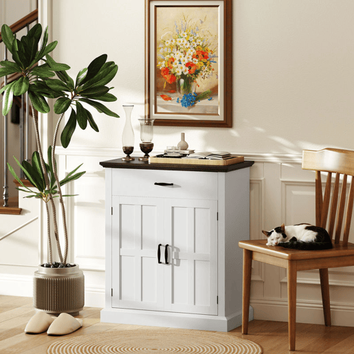 HOMCOM Aparador de 2 Portas Aparador para Sala de Estar Estilo Rústico com 1 Gaveta Prateleira Ajustável para Sala de Jantar Entrada 75,2x40x91,5 cm Branco e Madeira