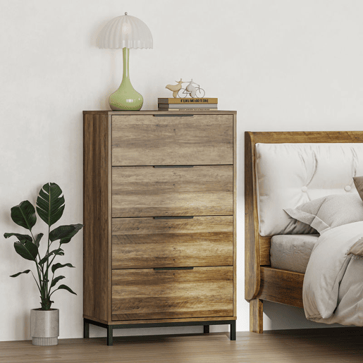 HOMCOM Cómoda de 4 Gavetas Cómoda para Dormitório Alta com Puxadores Metálicos Cómoda Estreita para Sala de Estar Corredor 62x35x105 cm Castanho Rústico
