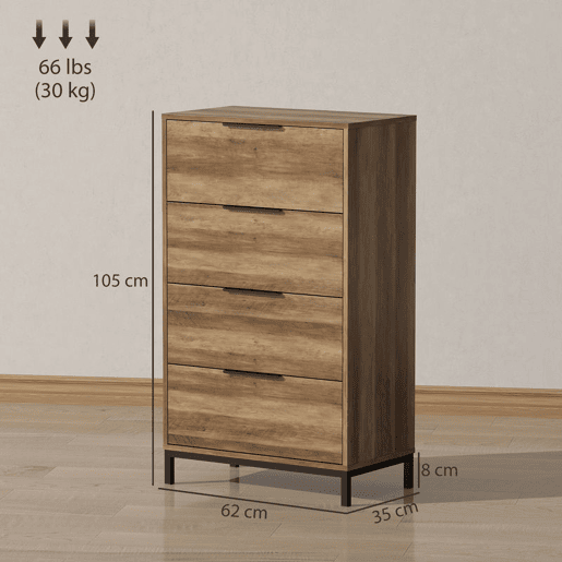 HOMCOM Cómoda de 4 Gavetas Cómoda para Dormitório Alta com Puxadores Metálicos Cómoda Estreita para Sala de Estar Corredor 62x35x105 cm Castanho Rústico