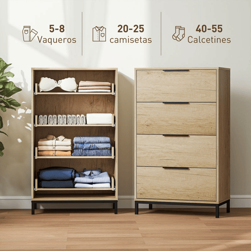 HOMCOM Cómoda de 4 Gavetas Cómoda para Dormitório Alta com Puxadores Metálicos Cómoda Estreita para Sala de Estar Corredor 62x35x105 cm Castanho Rústico