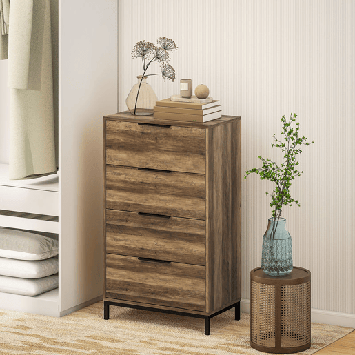 HOMCOM Cómoda de 4 Gavetas Cómoda para Dormitório Alta com Puxadores Metálicos Cómoda Estreita para Sala de Estar Corredor 62x35x105 cm Castanho Rústico