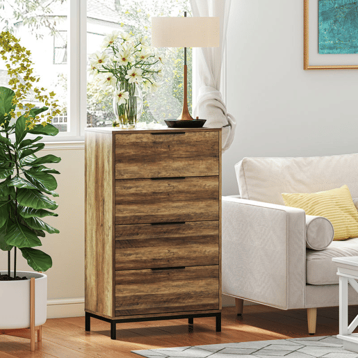 HOMCOM Cómoda de 4 Gavetas Cómoda para Dormitório Alta com Puxadores Metálicos Cómoda Estreita para Sala de Estar Corredor 62x35x105 cm Castanho Rústico