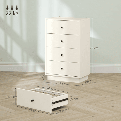 HOMCOM Cómoda de 4 Gavetas Cómoda para Dormitório Moderna Cómoda Estreita para Sala de Estar Corredor 47x29x75 cm Branco