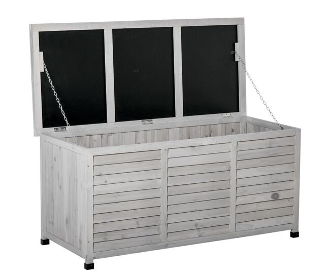 Outsunny baúl de almacenaje exterior 284l arcón de jardín de madera impermeable con tapa abrible y diseño persiana 127x56x60 cm gris