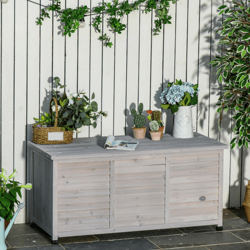 Outsunny Baú de Armazenamento Baú de Madeira de Jardim com Tampa Abatível e Desenho de Persiana 127x56x60 cm Cinzento