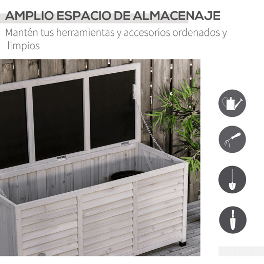 Outsunny Baú de Armazenamento Baú de Madeira de Jardim com Tampa Abatível e Desenho de Persiana 127x56x60 cm Cinzento