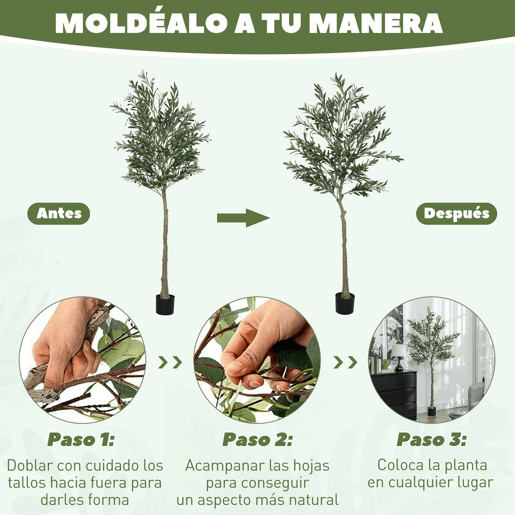 HOMCOM Oliveira Artificial 180 cm Planta Artificial Decorativa Grande Árvore Artificial de Interior com 40 Azeitonas Decoração para Lar Escritório Varanda Quarto Verde