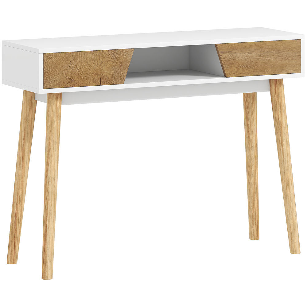 Homcom mesa de consola estrecha consola de recibidor mesa de sofá moderna con 2 cajones compartimento y patas de madera para pasillo entrada salón dormitorio blanco