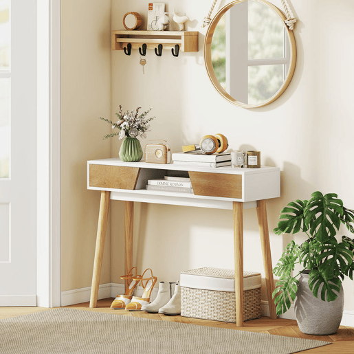 HOMCOM Mesa de Consola Estreita Consola de Entrada Mesa Consola Moderna com 2 Gavetas Compartimento e Pés de Madeira para Corredor Entrada Sala de Estar Dormitório 100x30x75 cm Branco