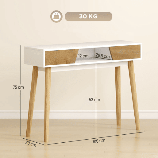 HOMCOM Mesa de Consola Estreita Consola de Entrada Mesa Consola Moderna com 2 Gavetas Compartimento e Pés de Madeira para Corredor Entrada Sala de Estar Dormitório 100x30x75 cm Branco