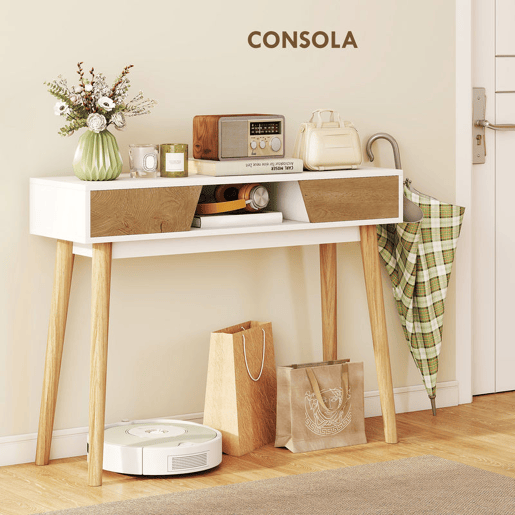 HOMCOM Mesa de Consola Estreita Consola de Entrada Mesa Consola Moderna com 2 Gavetas Compartimento e Pés de Madeira para Corredor Entrada Sala de Estar Dormitório 100x30x75 cm Branco