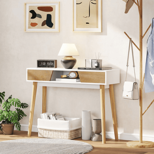 HOMCOM Mesa de Consola Estreita Consola de Entrada Mesa Consola Moderna com 2 Gavetas Compartimento e Pés de Madeira para Corredor Entrada Sala de Estar Dormitório 100x30x75 cm Branco
