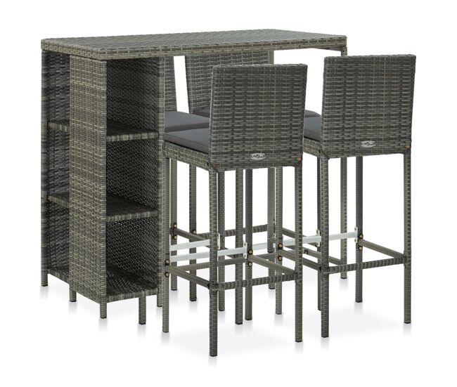 Set de bar para jardín 5 piezas y cojines ratán sintético gris