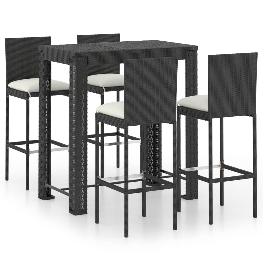 Set muebles bar jardín 5 piezas y cojines ratán sintético negro