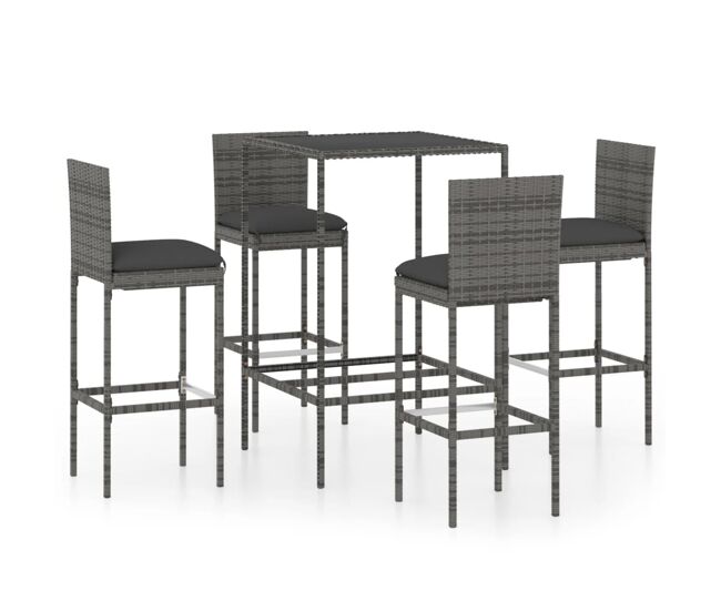 Set muebles bar jardín 5 piezas y cojines ratán sintético gris