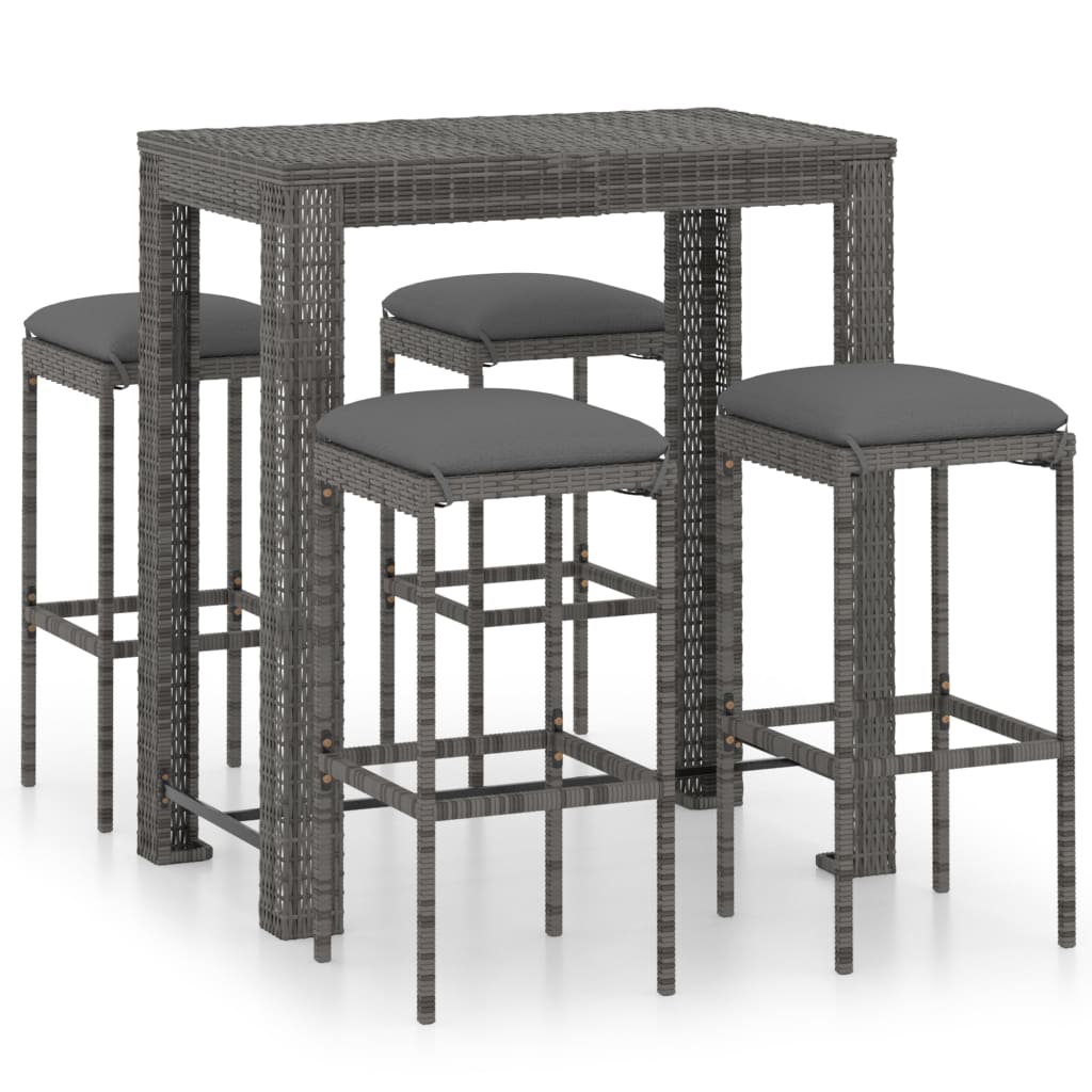 Set muebles bar jardín 5 piezas y cojines ratán sintético gris