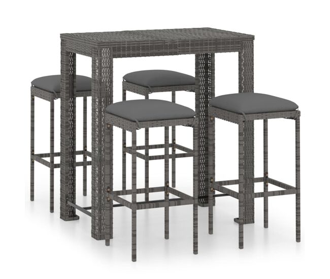 Set muebles bar jardín 5 piezas y cojines ratán sintético gris