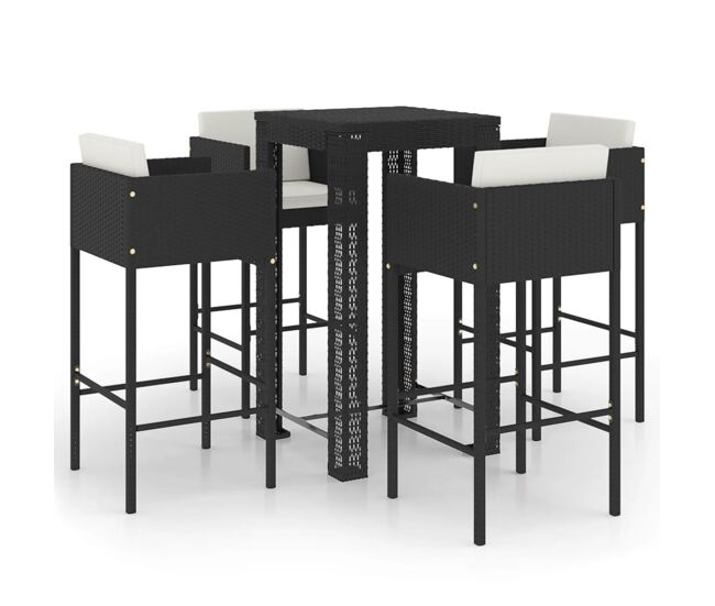Set muebles bar jardín 5 piezas y cojines ratán sintético negro