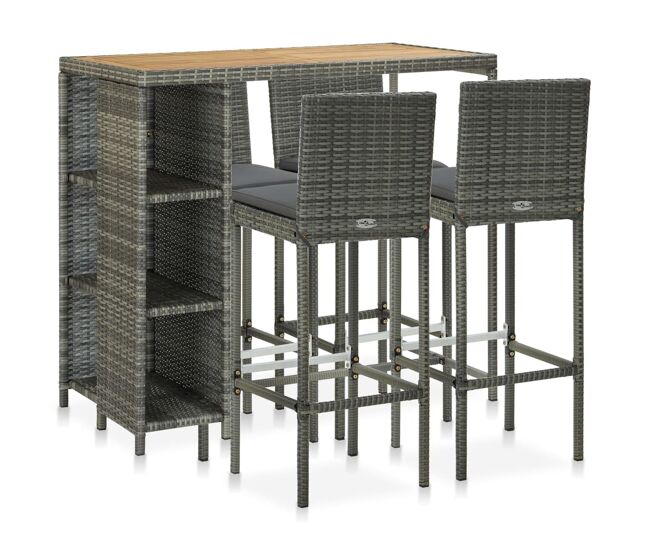 Set de bar para jardín 5 piezas y cojines ratán sintético gris