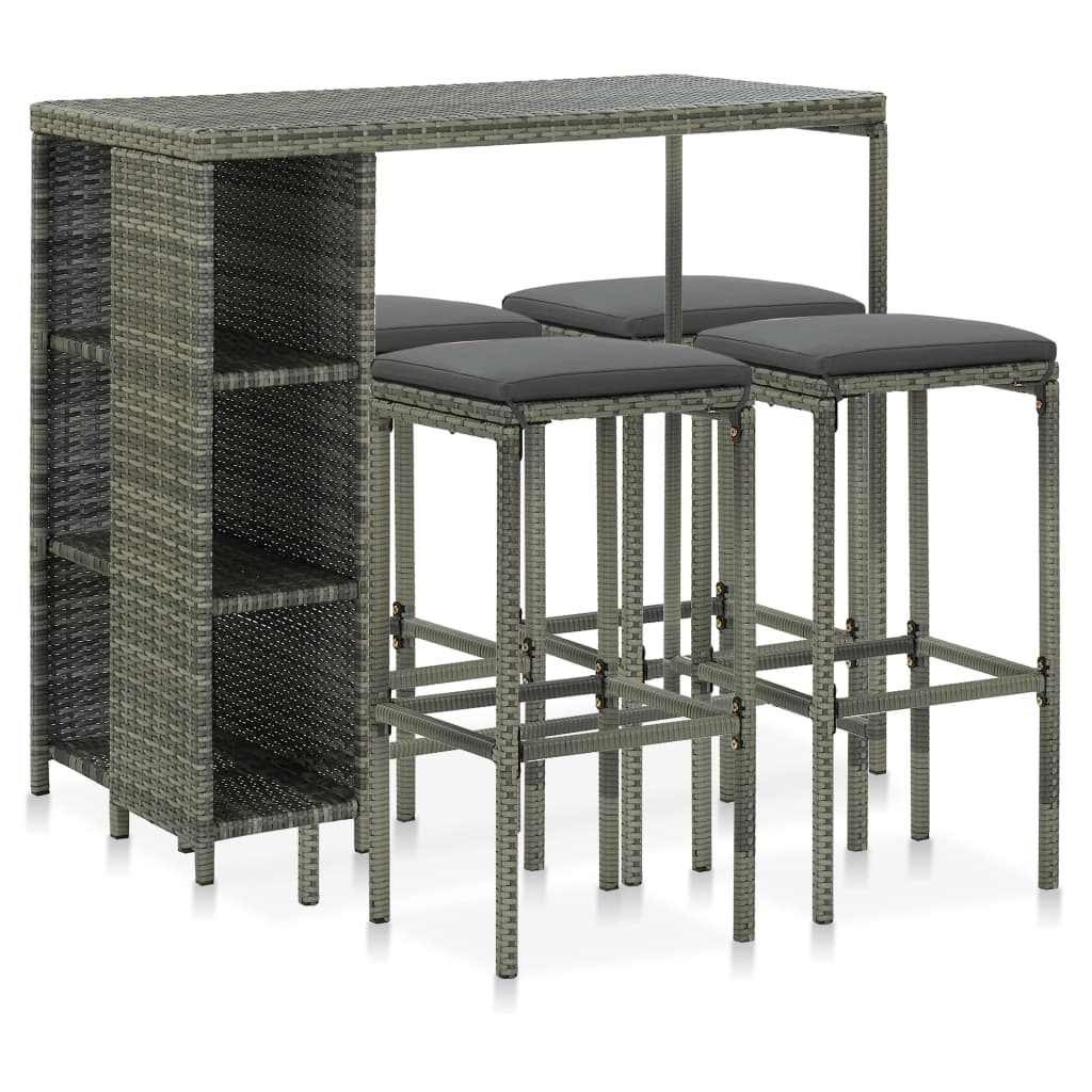 set de bar para jardin 5 piezas y cojines ratan sintetico gris