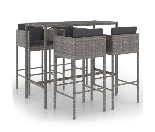 Set muebles de bar jardín 5 pzas y cojines ratán sintético gris