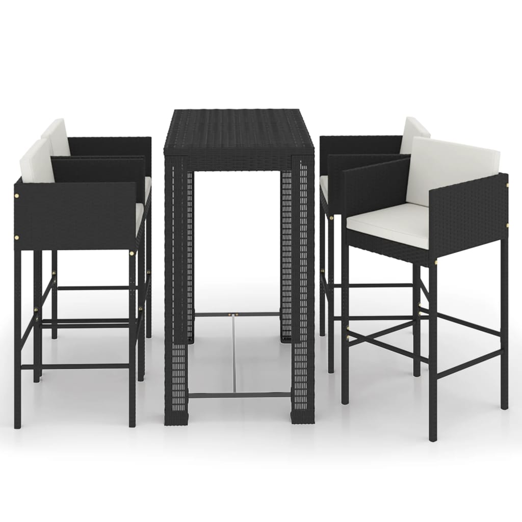 Set muebles bar jardín 5 piezas y cojines ratán sintético negro