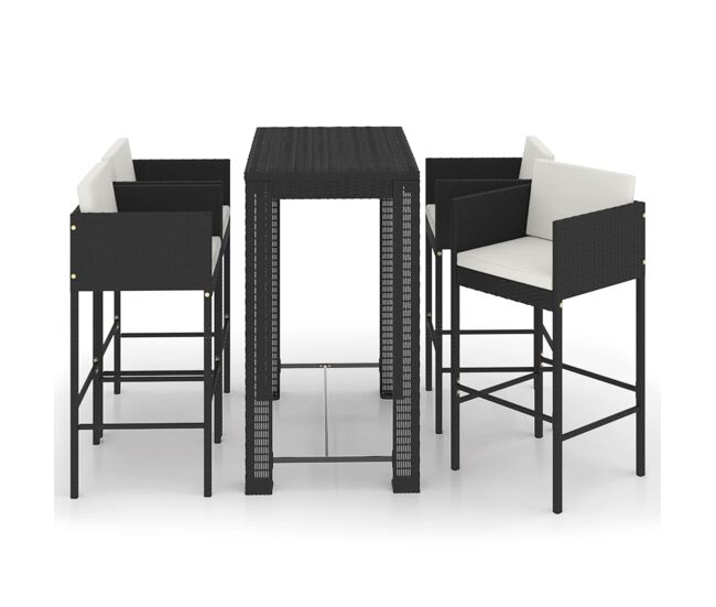 Set muebles bar jardín 5 piezas y cojines ratán sintético negro