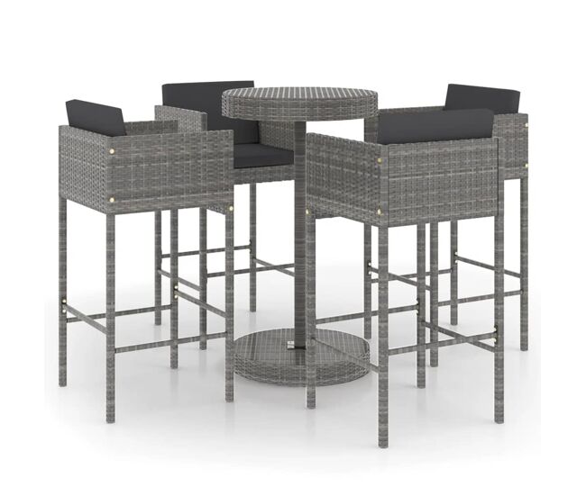 Set muebles bar jardín 5 piezas y cojines ratán sintético gris