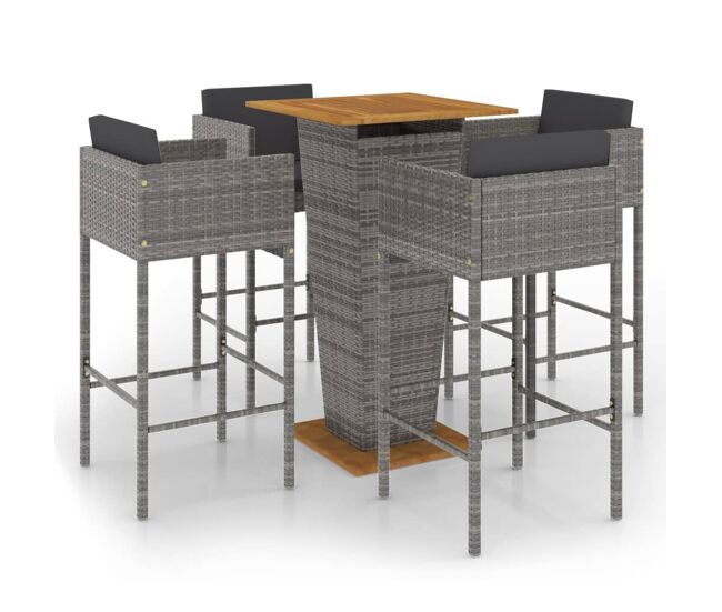 Set muebles de bar jardín 5 pzas y cojines ratán sintético gris