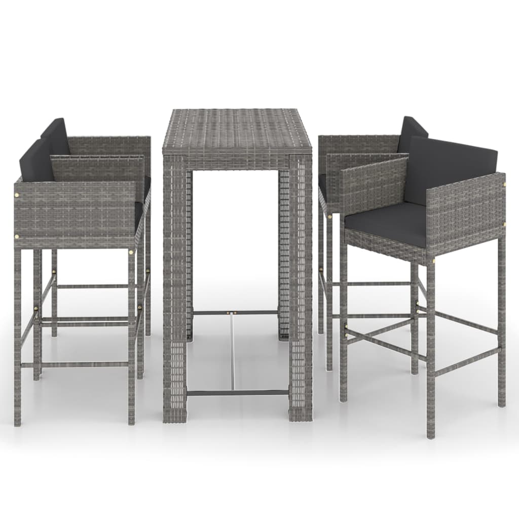 Set muebles bar jardín 5 piezas y cojines ratán sintético gris
