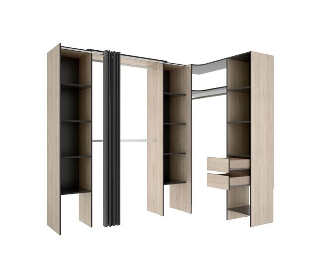 Armario vestidor suit reversible 2 cajones + 3 barras + 3 columnas natural/grafito 205x164-234x141 cm