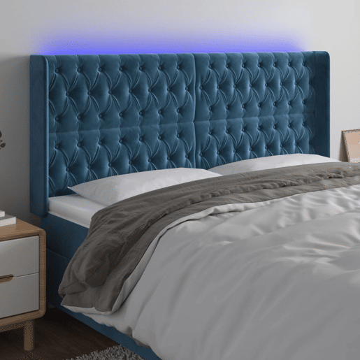 vidaXL Cabeceira cama c luzes LED veludo 183x16x118128cm azul-escuro vidaXL Cabeceira cama c luzes LED veludo 183x16x118128cm azul-escuro