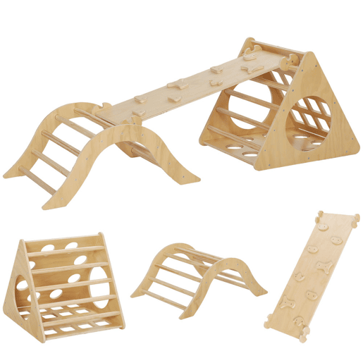 AIYAPLAY Triângulo de Escalar de Madeira 8 em 1 Jogo de Aprendizagem para Crianças de 18-48 Meses com Rampa Escada em Forma de Arco e Bolsa de Areia 175x59,5x60 cm Madeira