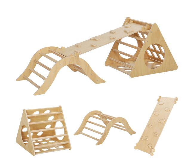 Aiyaplay 8 en 1 triángulo de escalada montessori con arco y rampa escalada para niños de madera de 18-48 meses con bolsa de arena 175x59,5 cm natural