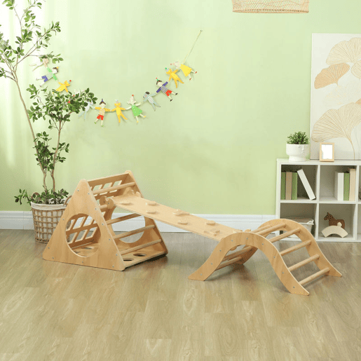 AIYAPLAY Triângulo de Escalar de Madeira 8 em 1 Jogo de Aprendizagem para Crianças de 18-48 Meses com Rampa Escada em Forma de Arco e Bolsa de Areia 175x59,5x60 cm Madeira