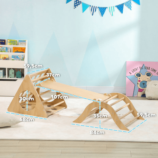 AIYAPLAY Triângulo de Escalar de Madeira 8 em 1 Jogo de Aprendizagem para Crianças de 18-48 Meses com Rampa Escada em Forma de Arco e Bolsa de Areia 175x59,5x60 cm Madeira